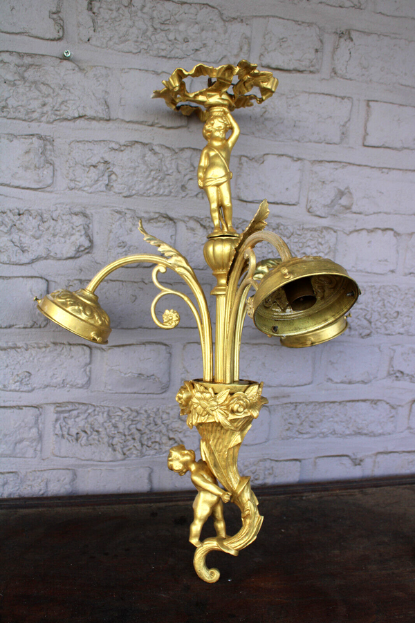 Vintage bronze putti cherub figural 3 arm chandelier lamp rare