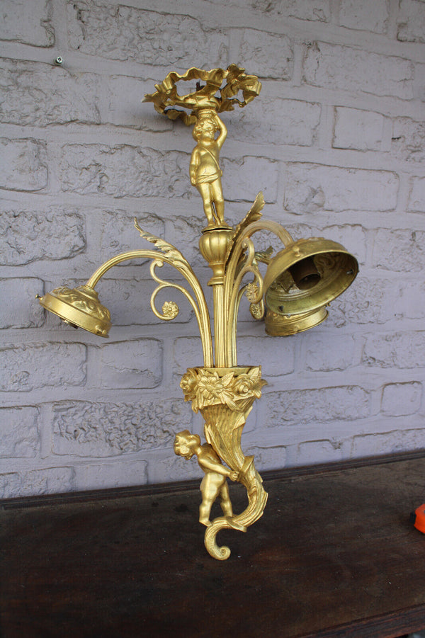 Vintage bronze putti cherub figural 3 arm chandelier lamp rare