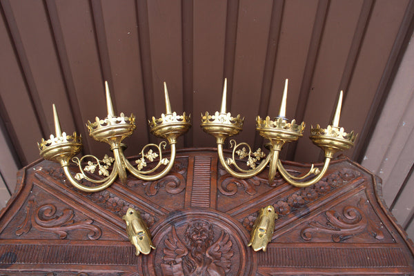 PAIR 19thc church wall candelabras candlesticks bronze neo gothic