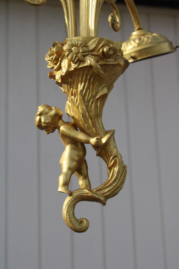 Vintage bronze putti cherub figural 3 arm chandelier lamp rare