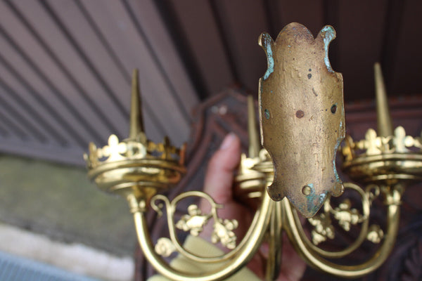 PAIR 19thc church wall candelabras candlesticks bronze neo gothic