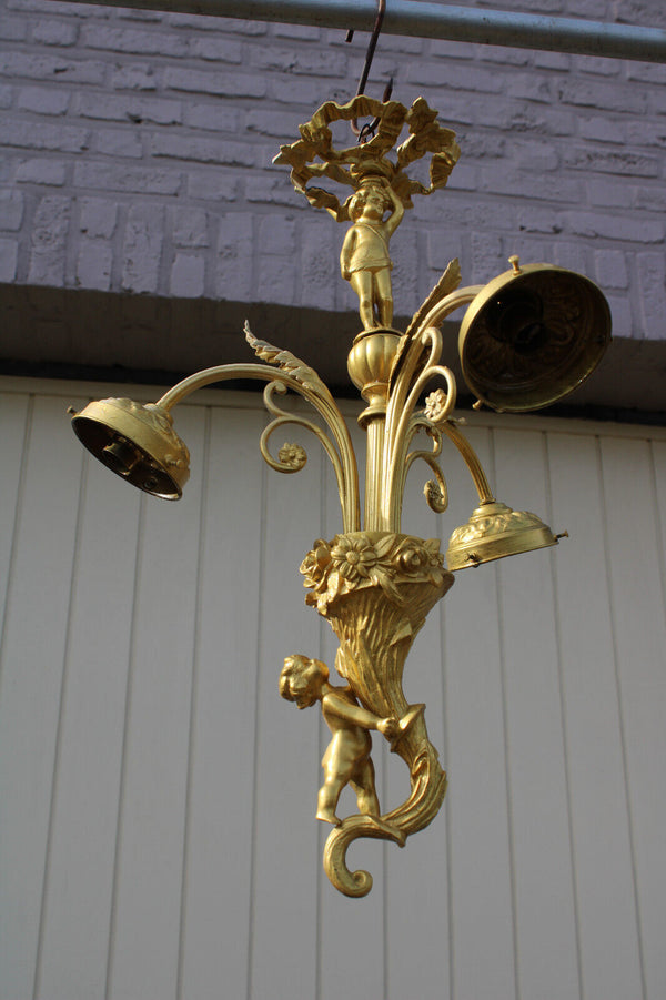 Vintage bronze putti cherub figural 3 arm chandelier lamp rare