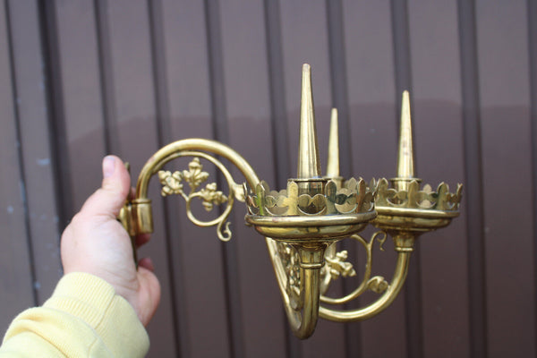 PAIR 19thc church wall candelabras candlesticks bronze neo gothic