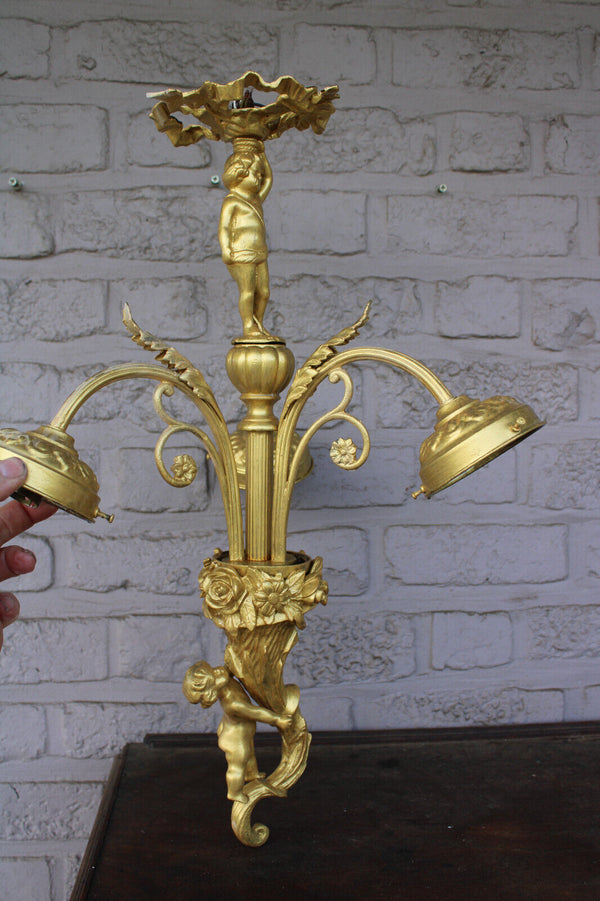 Vintage bronze putti cherub figural 3 arm chandelier lamp rare