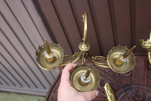 PAIR 19thc church wall candelabras candlesticks bronze neo gothic