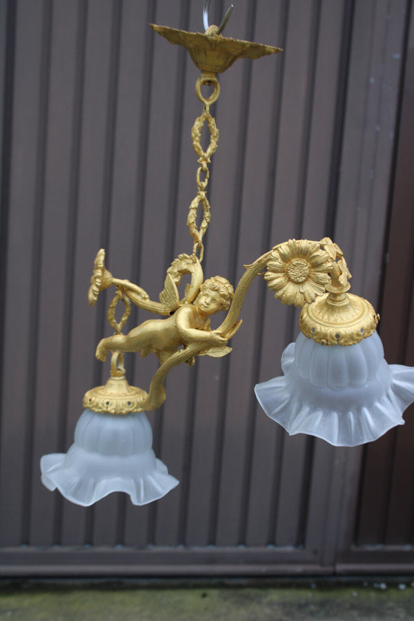 Vintage brass   putti cherub angel chandelier lamp rare glass shades