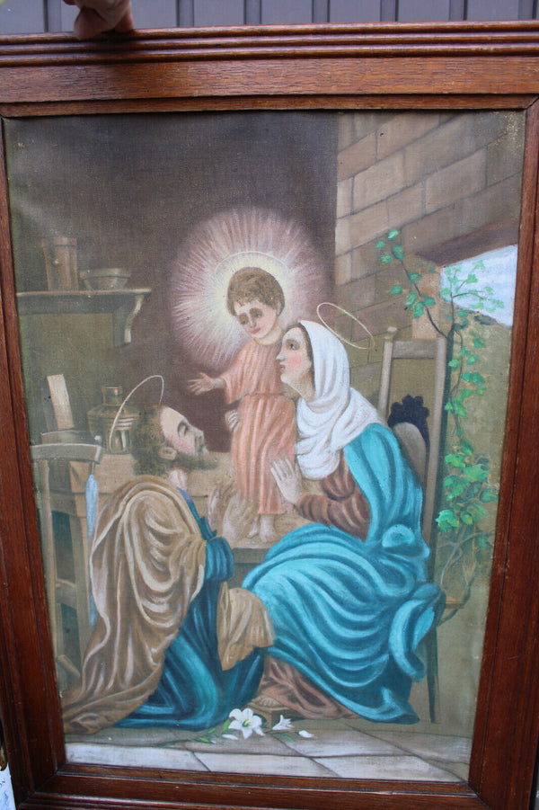 antique oil canvas holy family painting religious 19thc