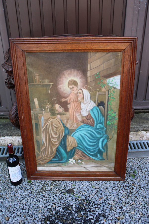 antique oil canvas holy family painting religious 19thc