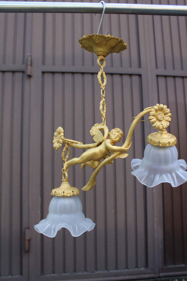 Vintage brass   putti cherub angel chandelier lamp rare glass shades