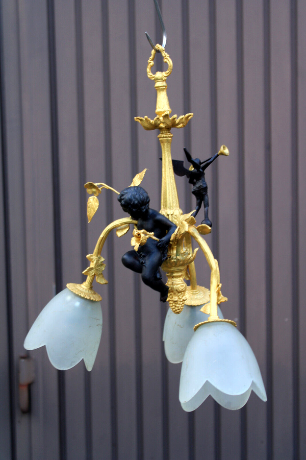 Vintage Bronze brass putti cherub angel chandelier lamp rare glass shades