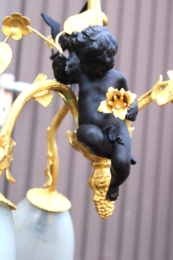 Vintage Bronze brass putti cherub angel chandelier lamp rare glass shades