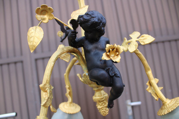 Vintage Bronze brass putti cherub angel chandelier lamp rare glass shades