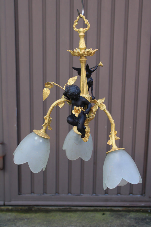 Vintage Bronze brass putti cherub angel chandelier lamp rare glass shades