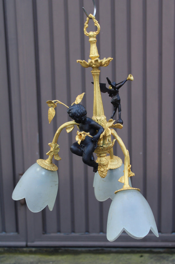 Vintage Bronze brass putti cherub angel chandelier lamp rare glass shades