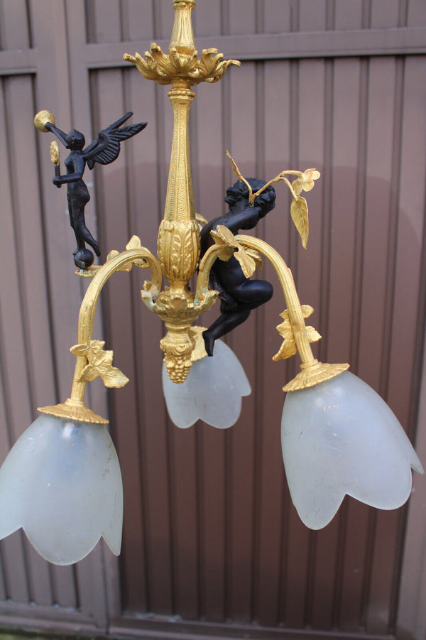 Vintage Bronze brass putti cherub angel chandelier lamp rare glass shades