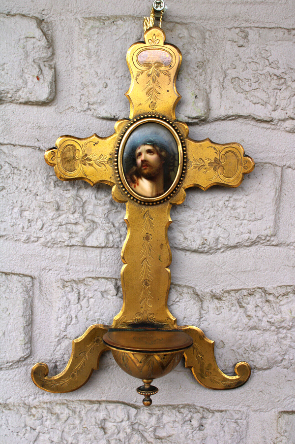 Antique french brass porcelain hand paint jesus christ portrait holy water font