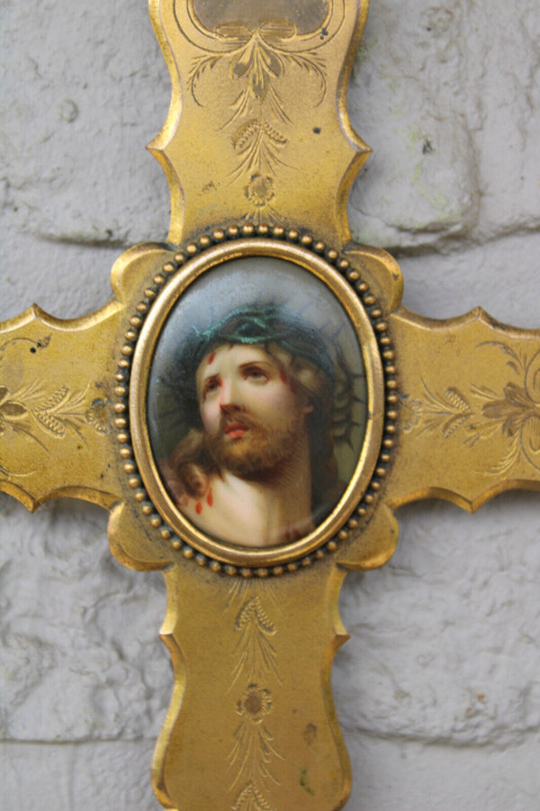 Antique french brass porcelain hand paint jesus christ portrait holy water font