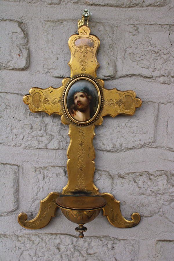 Antique french brass porcelain hand paint jesus christ portrait holy water font