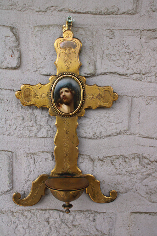 Antique french brass porcelain hand paint jesus christ portrait holy water font