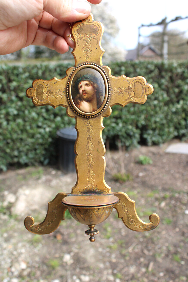 Antique french brass porcelain hand paint jesus christ portrait holy water font