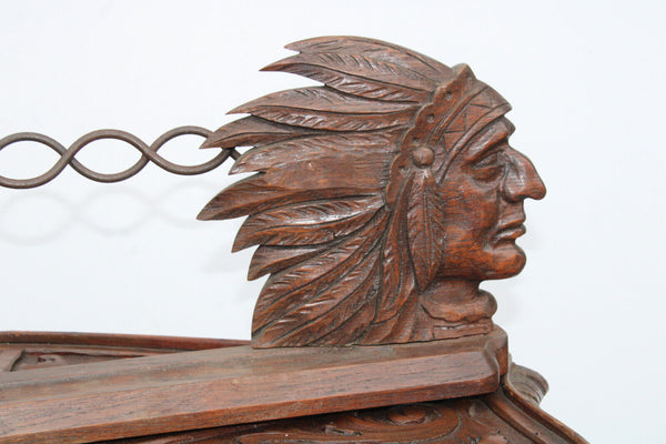 Antique Wood carved indian head chief statue chain rare 1930s