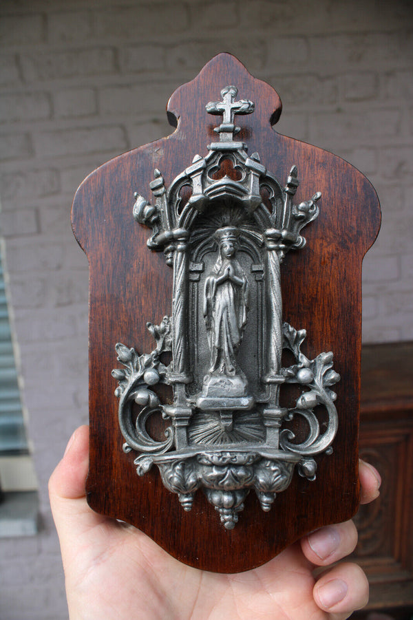 Vintage 60s Metal & wood Wall holy water font chapel madonna figurine plaque