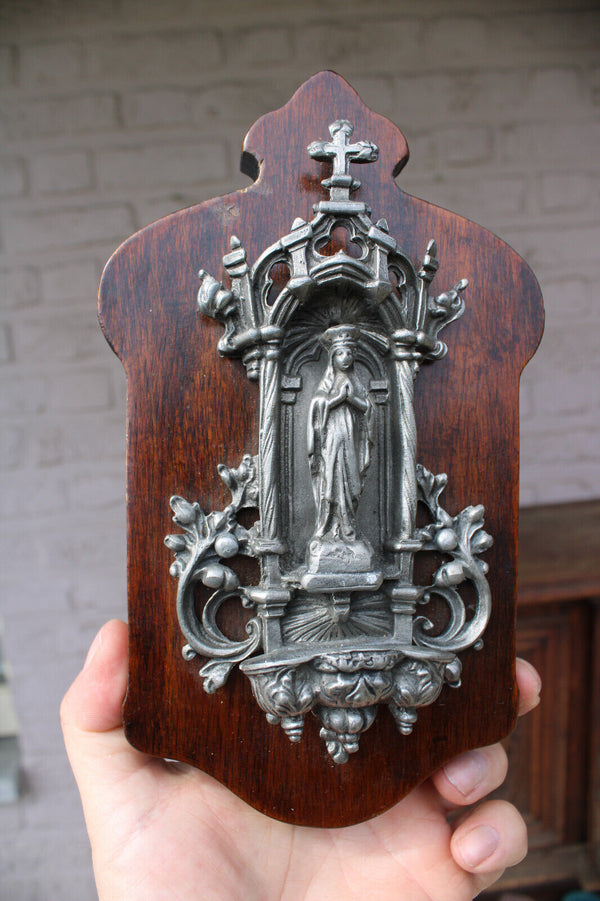 Vintage 60s Metal & wood Wall holy water font chapel madonna figurine plaque