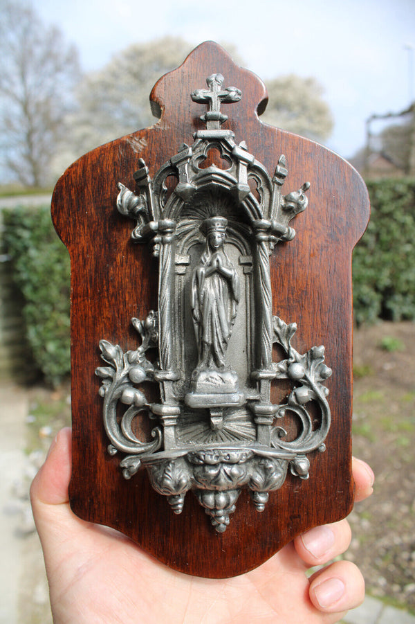 Vintage 60s Metal & wood Wall holy water font chapel madonna figurine plaque