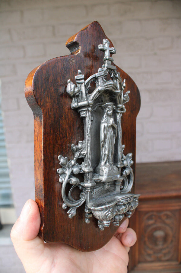 Vintage 60s Metal & wood Wall holy water font chapel madonna figurine plaque