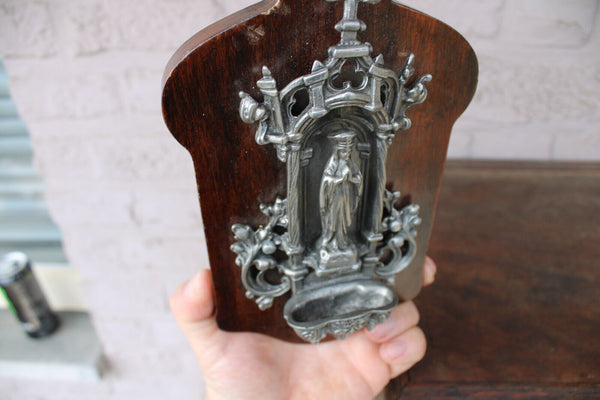 Vintage 60s Metal & wood Wall holy water font chapel madonna figurine plaque