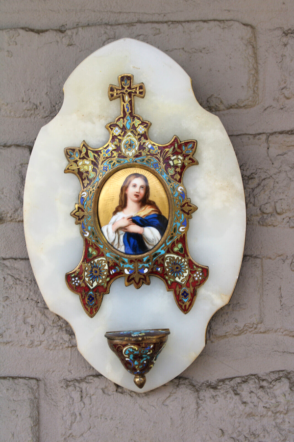 Antique french enamel cloisonne onyx marble holy water font porcelain madonna