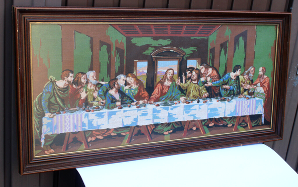 1980s  XL cross stitch convent nuns handwork last supper jesus plaque religious