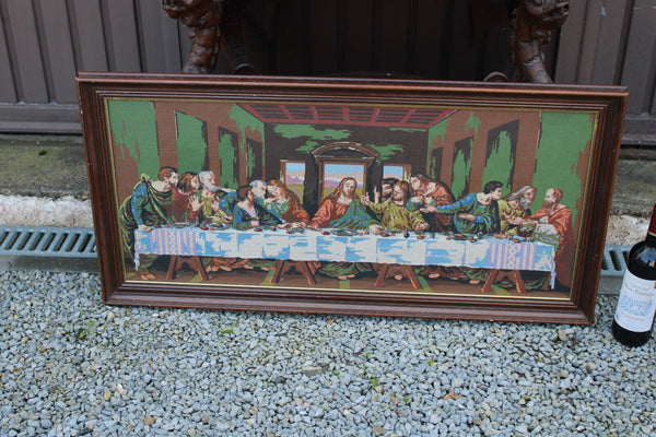 1980s  XL cross stitch convent nuns handwork last supper jesus plaque religious