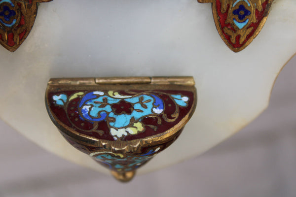 Antique french enamel cloisonne onyx marble holy water font porcelain madonna