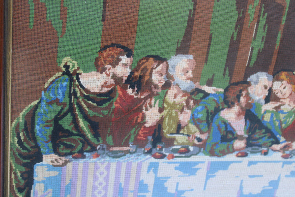 1980s  XL cross stitch convent nuns handwork last supper jesus plaque religious