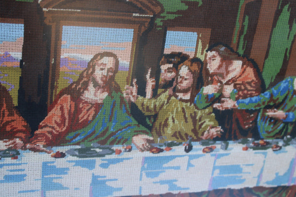 1980s  XL cross stitch convent nuns handwork last supper jesus plaque religious