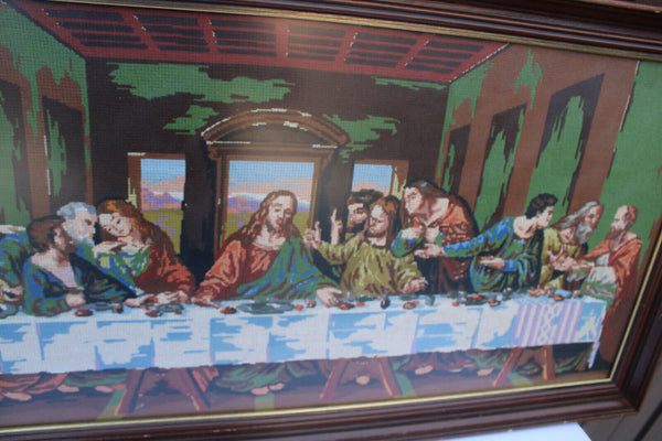 1980s  XL cross stitch convent nuns handwork last supper jesus plaque religious