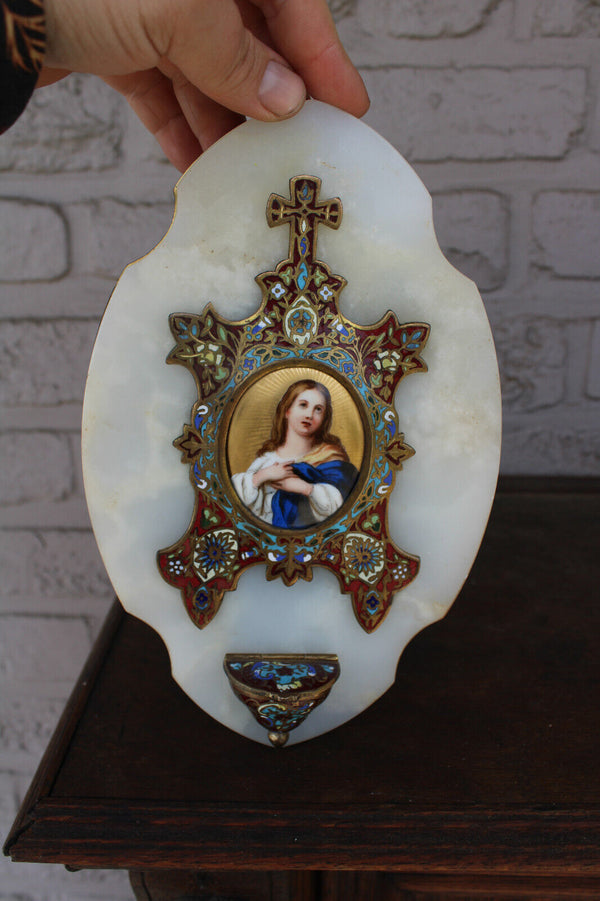 Antique french enamel cloisonne onyx marble holy water font porcelain madonna