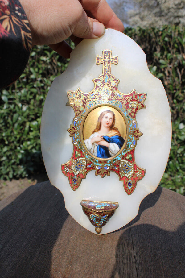 Antique french enamel cloisonne onyx marble holy water font porcelain madonna