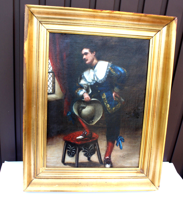 Antique british school oil canvas musketeer portrait man signed 19thc