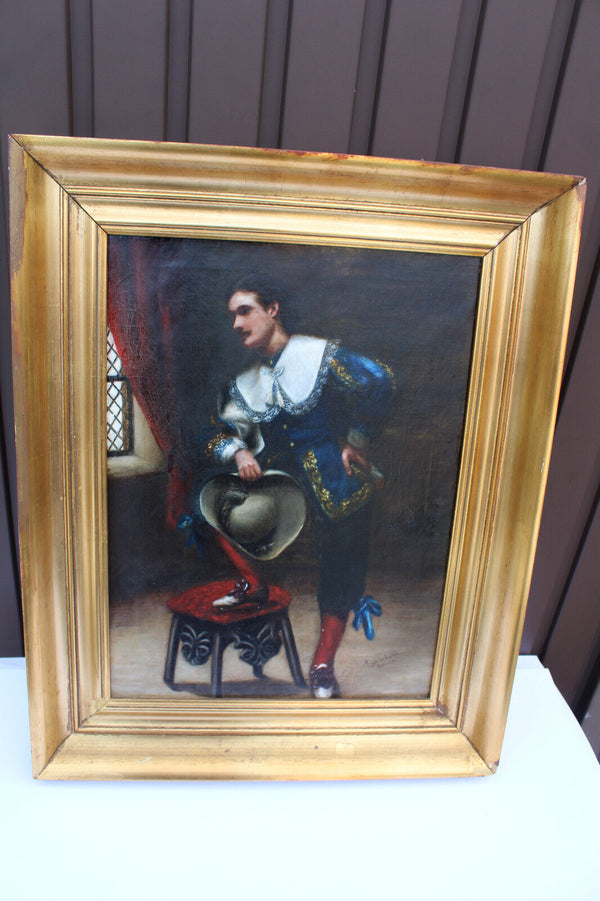 Antique british school oil canvas musketeer portrait man signed 19thc