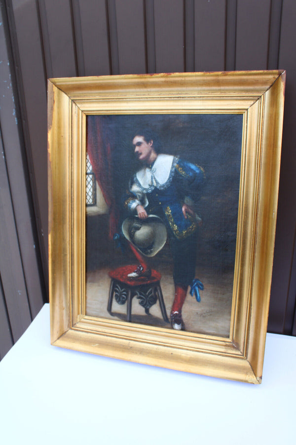 Antique british school oil canvas musketeer portrait man signed 19thc