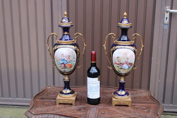 LARGE pair Brass cobalt blue sevres porcelain Romantic decor vases