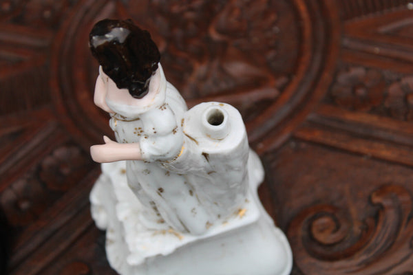 Antique 19thc vieux paris porcelain lady figurine pique fleur pen holder statue