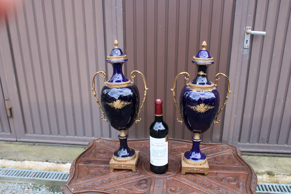 LARGE pair Brass cobalt blue sevres porcelain Romantic decor vases