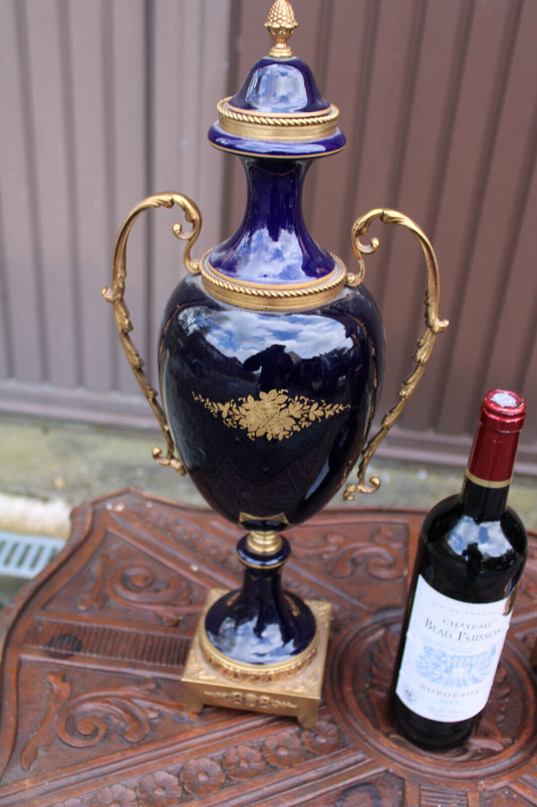 LARGE pair Brass cobalt blue sevres porcelain Romantic decor vases