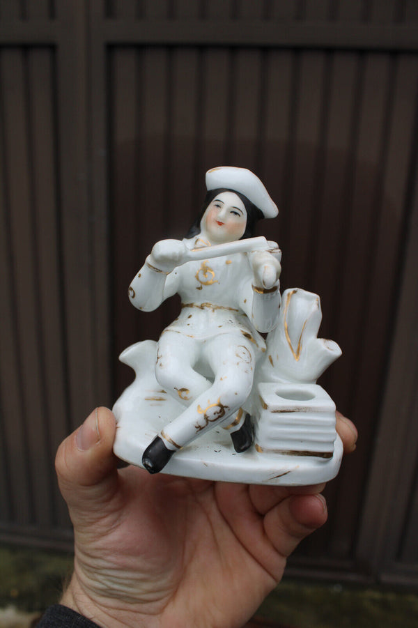 Antique 19thc vieux paris porcelain musician inkwell