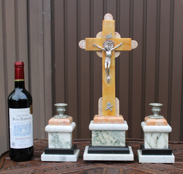 Antique french marble crucifix altar set candle holders religious