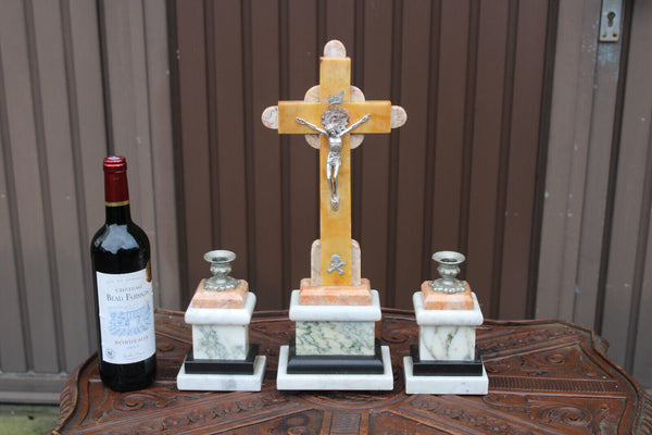 Antique french marble crucifix altar set candle holders religious