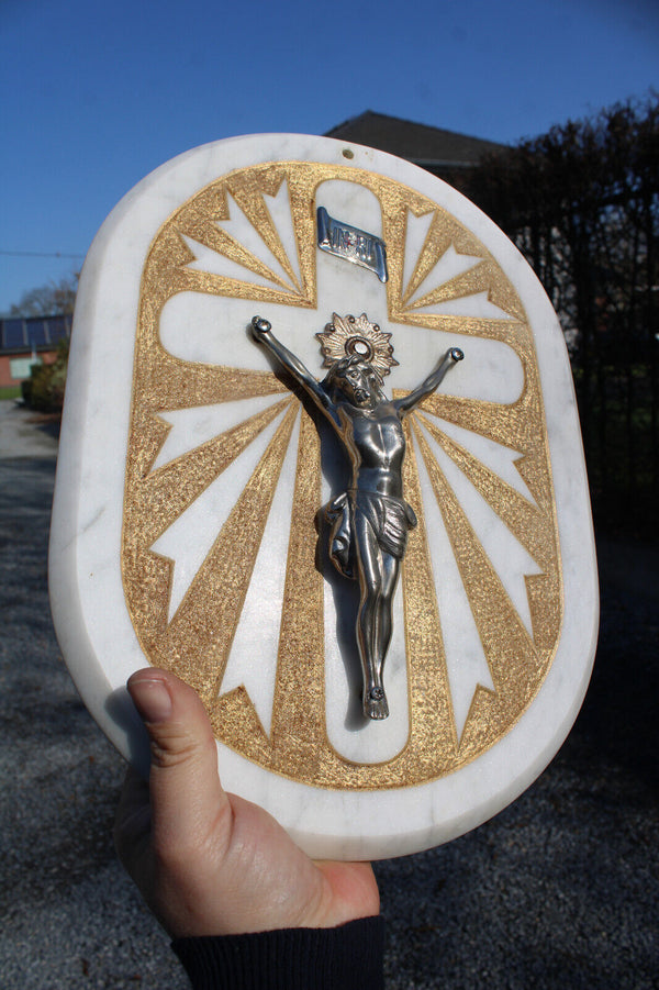 Vintage French MARBLE metal wall plaque crucifix religious